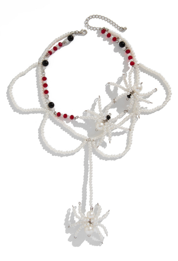 Halloween Gothic Spider-Shaped Beaded Necklace Dark Punk Style Multi-Strand Necklace Clavicle Chain